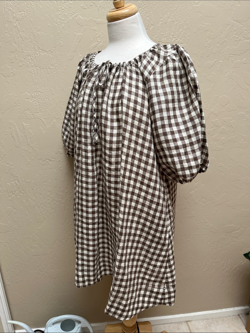 notPERFECTLINEN Mari Puff Sleeve Dress, Lightweight Chocolate Gingham, M, NWOT - Picture 2 of 14